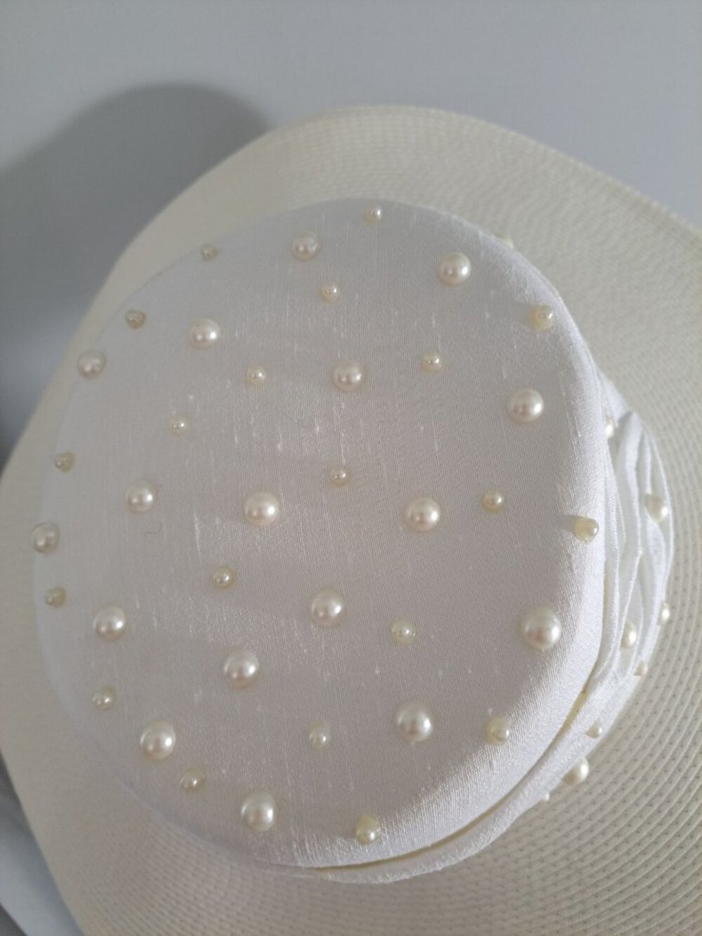 Whittall & Shon Kentucky Derby Hat White Wide-Brim Church Pearl Accents Formal - Picture 2 of 9